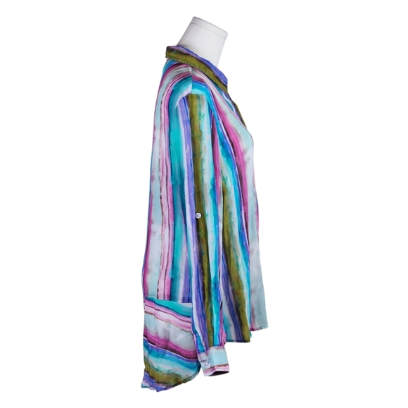 APNY Multicolor Watercolor Stripe Button Down Blouse L Roll Tab Sleeve - Picture 5 of 9